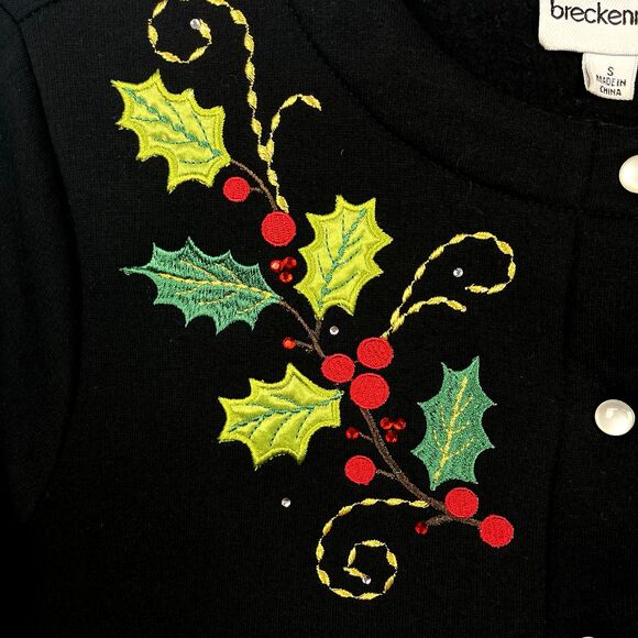 VTG Christmas Cardigan Black Sweater Womens SZ S Appliqued Holy Berry Festive - Picture 5 of 13